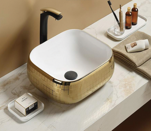 Раковина из сантехнического фаянса CeramaLux C1068 50х40 накладная цвет золото без отверстий под смеситель