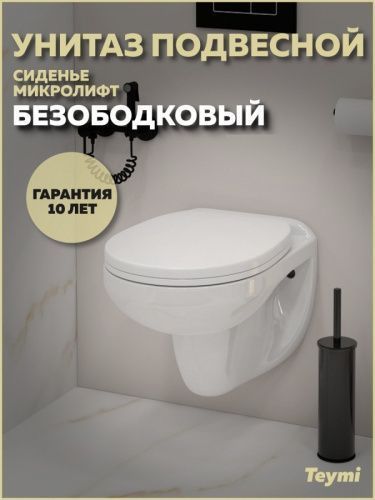 Унитаз подвесной Teymi Hanna T40900 белый с сиденьем микролифт безободковый каскадный смыв