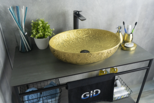 Раковина керамическая Gid Lago 52233 50х40 накладная цвет золото без отверстий под смеситель