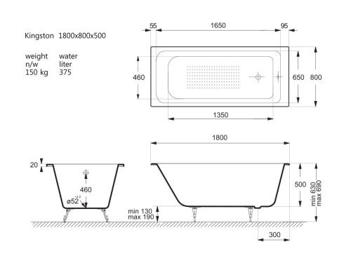 Ванна чугунная Vinsent Veron Kingston VKN1808050-AS 180х80 пристенная прямоугольная с ножками - фото 4