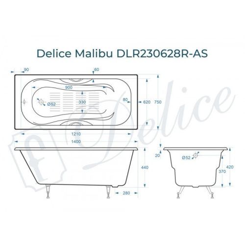Ванна чугунная Delice Malibu DLR230628R-AS 140х75 пристенная прямоугольная без ножек с отверстиями под ручки - фото 2