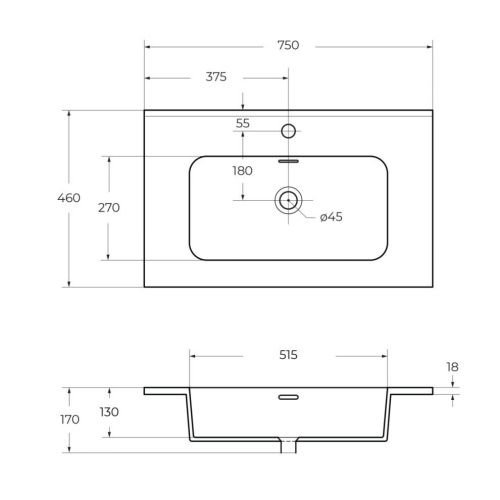 Раковина керамическая Cezares 50201 80х50 подвесная цвет белый 1 отверстие под смеситель - фото 2