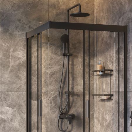 Комплект душевого уголка с душевой системой и аксессуарами Am.Pm Gem WK90EO стекло прозрачное профиль черный без поддона