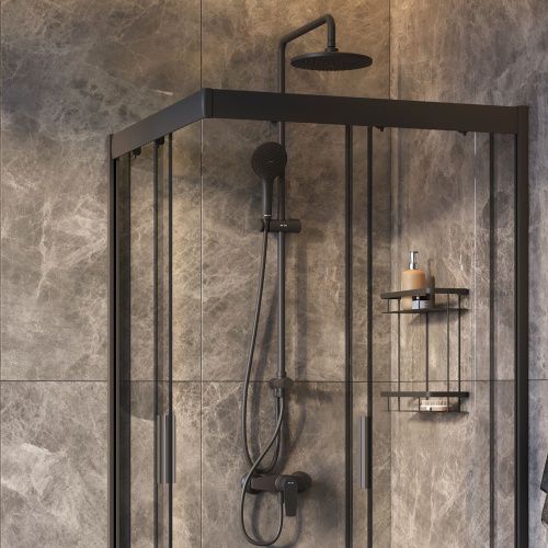 Комплект душевого уголка с душевой системой и аксессуарами Am.Pm Gem WK90EO стекло прозрачное профиль черный без поддона - фото 4