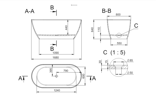 Ванна из искусственного камня Holbi VENUS 1.01.001.11.1 168х80 отдельностоящая овальная - фото 4