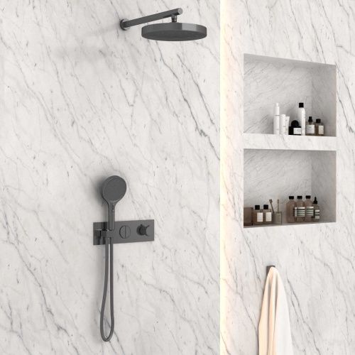 Душевая система Vincea VSFW-422TI2GM встраиваемая в стену цвет вороненая сталь с термостатом