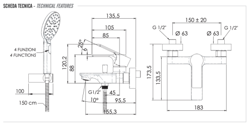 Смеситель для ванны Remer Energy EY02 настенный хром - фото 2