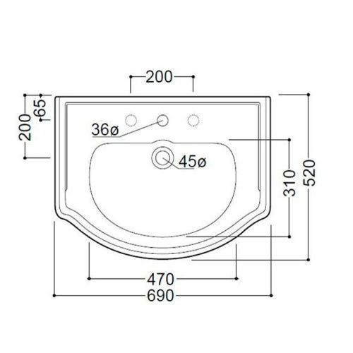 Раковина из сантехнического фарфора Kerasan Retro 104601*3 70х50 подвесная цвет белый 3 отверстия под смеситель - фото 2