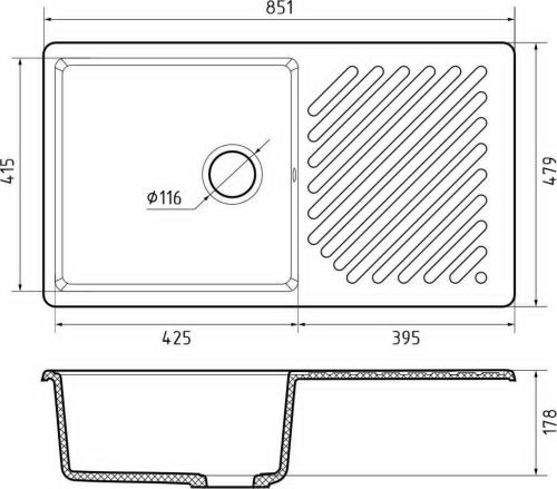 Кухонная мойка Granfest Quarz 53 темно-серый 85х50 цвет серый поверхность матовая - фото 3
