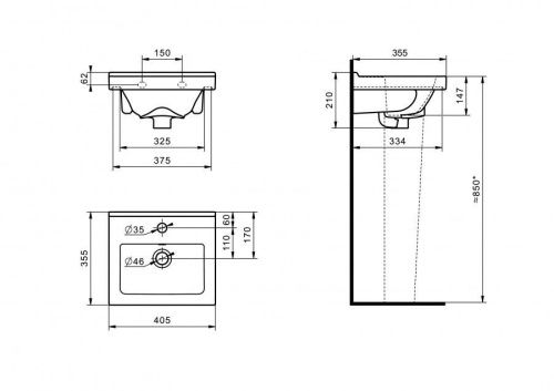 Раковина из сантехнического фарфора Santeri Визит 131177S0011B0 40х40 подвесная цвет белый 1 отверстие под смеситель - фото 5