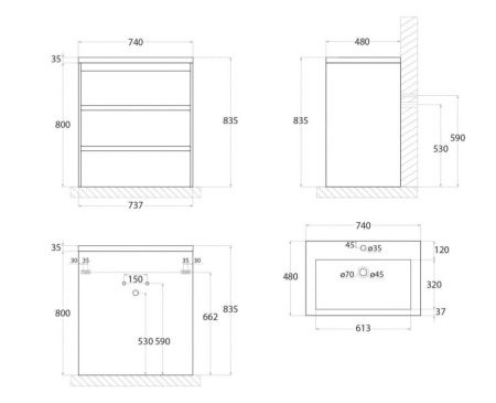 Тумба под раковину Art&Max FAMILY Family-750-3C-PIA-PE 80х50 напольная цвет серый