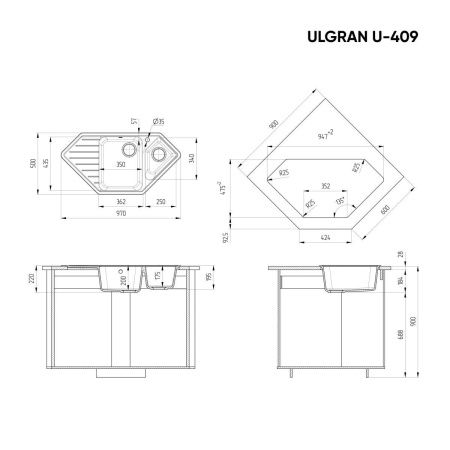 Кухонная мойка Ulgran Classic U-409-344 95х50 цвет черный