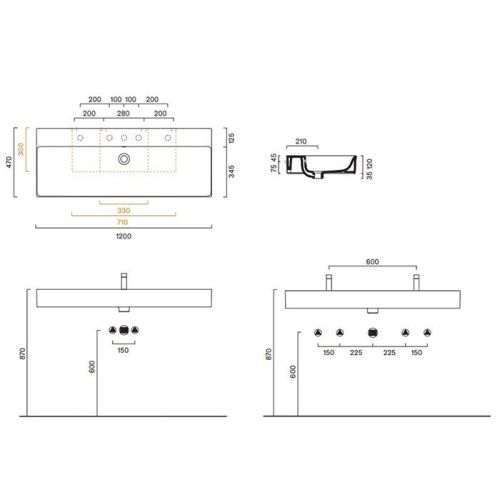 Раковина керамическая Catalano Premium 221200021 120 см подвесная цвет белый без отверстий под смеситель - фото 2