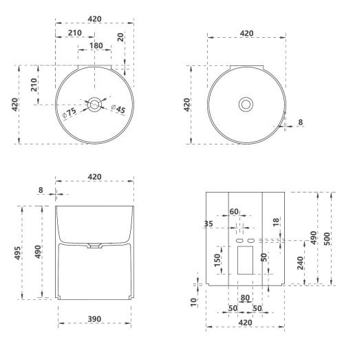 Раковина из полиэфирной смолы Abber KRISTALL AT2704Onyx 40х40 подвесная цвет черный без отверстий под смеситель - фото 5
