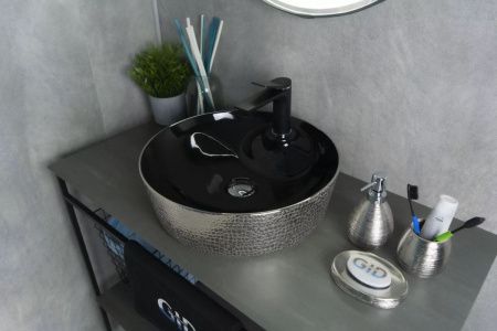 Раковина керамическая Gid 53315 40х40 накладная цвет черный/серебро без отверстий под смеситель