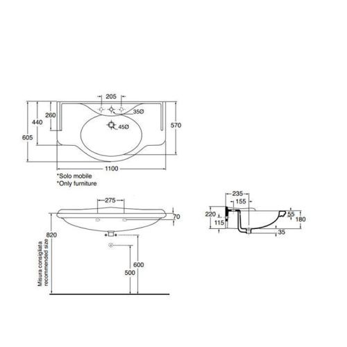 Раковина из сантехнического фаянса Azzurra Giunone GIU200110/ALZA bi*1 110х60 накладная цвет белый 1 отверстие под смеситель - фото 2