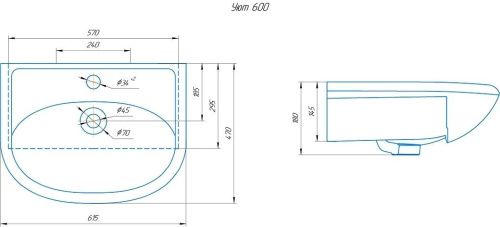 Раковина из сантехнического фарфора Onika Уют 4620008192772 62х47 накладная цвет белый 1 отверстие под смеситель - фото 2