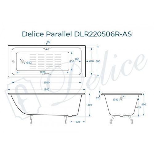 Ванна чугунная Delice Parallel DLR220506R-AS 180х80 пристенная прямоугольная без ножек с ручками - фото 2