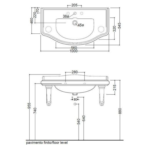 Раковина из сантехнического фарфора Kerasan Retro 105001*1 100х50 подвесная цвет белый 1 отверстие под смеситель - фото 2