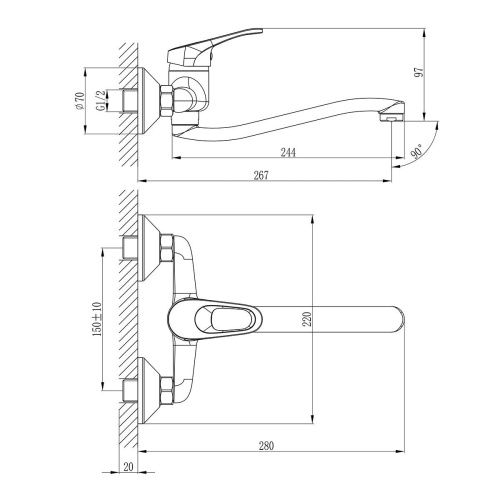 Смеситель для кухни Rossinka B B35-24 настенный хром - фото 2