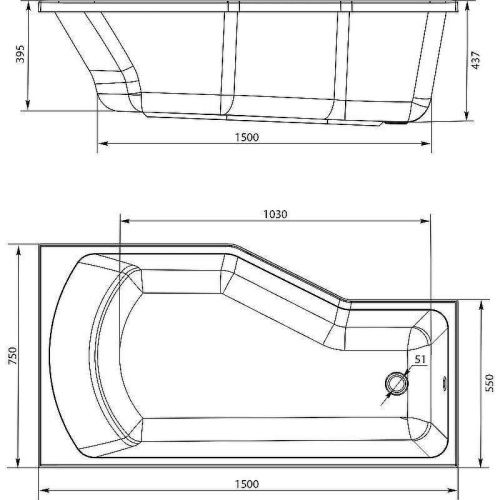Ванна акриловая 1MarKa Convey 01кон1575п 150х75 пристенная асимметричная без ножек - фото 4