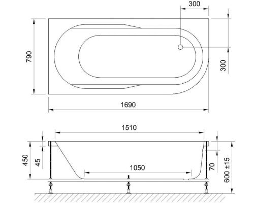 Ванна акриловая Royal Bath AZUR RB614203ST-L 170х80 пристенная асимметричная с каркасом - фото 2