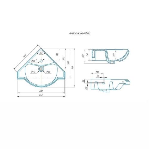 Раковина из сантехнического фаянса СанТа Классикугловой 70х50 подвесная цвет белый - фото 2