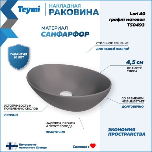 Раковина из сантехнического фарфора Teymi Lori T50493 41х34 накладная цвет серый без отверстий под смеситель - фото 2
