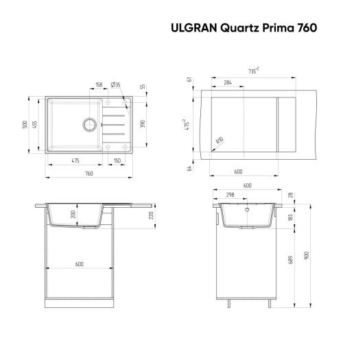 Кухонная мойка Ulgran Quartz Prima 760-04 75х50 цвет серый - фото 2