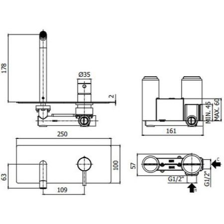 Смеситель для раковины Paffoni Light LIG105NO встраиваемый в стену черный