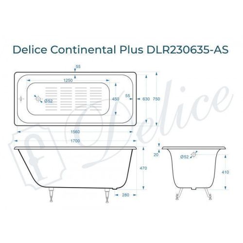 Ванна чугунная Delice Continental PLUS DLR230635-AS 170х75 пристенная прямоугольная без ножек с антискользящим покрытием - фото 2