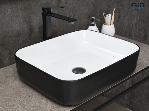 Раковина керамическая Gid Geométrico 52205 50х40 накладная цвет белый/черный без отверстий под смеситель - фото 2
