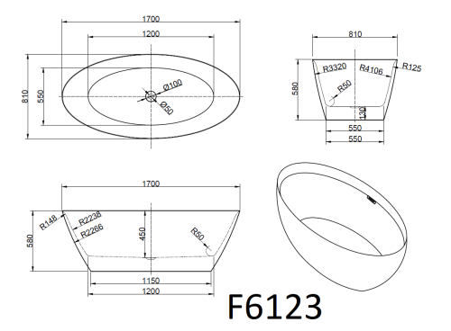 Ванна акриловая Frank 12525 170х80 отдельностоящая овальная с ножками - фото 2