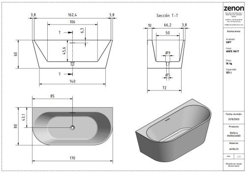 Ванна акриловая Zenon Maracaibo Wall 4000.000.000.000.42157 170х80 пристенная овальная - фото 5