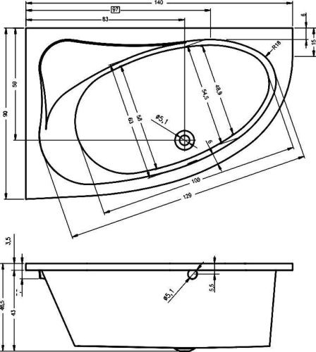 Ванна акриловая Riho LYRA B019001005 140х90 пристенная асимметричная без ножек - фото 2
