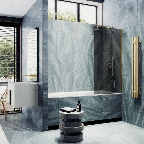 Душевая шторка на ванну Maybah Glass MGV-82-3ш 80х140 стекло тонированное профиль золото ориентация универсальная - фото 3