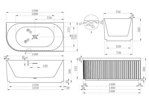 Ванна акриловая Abber AB9412-1.5 R 150х75 пристенная асимметричная с каркасом - фото 5