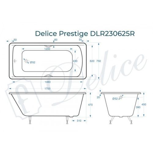Ванна чугунная Delice Prestige DLR230625R 170х75 пристенная прямоугольная без ножек с отверстиями под ручки - фото 2