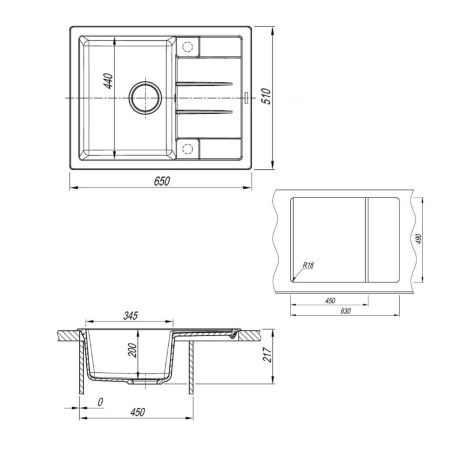 Кухонная мойка Uperwood Quartz Premium UPD-03 3910202110 65х50 цвет серый поверхность матовая