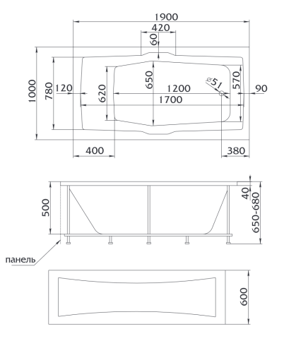 Ванна акриловая 1MarKa KORSIKA 01кр1910 190х100 пристенная прямоугольная без каркаса - фото 4
