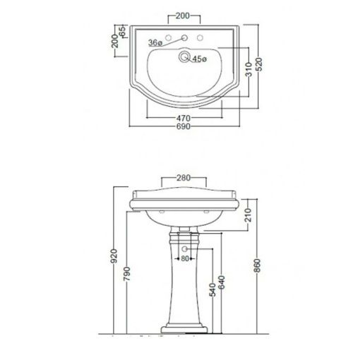 Раковина из сантехнического фарфора Kerasan Retro 104601*1 70х50 подвесная цвет белый 1 отверстие под смеситель - фото 2