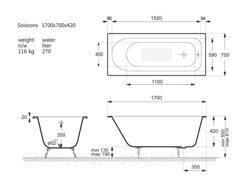 Ванна чугунная Vinsent Veron Soissons VCN1707042-AS 170х70 пристенная прямоугольная с ножками - фото 5