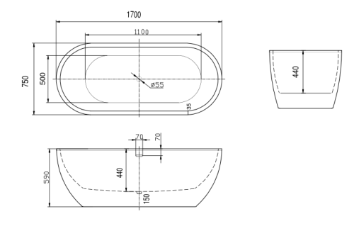 Ванна акриловая Art&Max AM-218-1700-750 170х75 отдельностоящая овальная с каркасом - фото 2