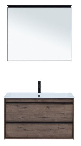 Комплект мебели: тумба с раковиной + зеркало Aquanet Lino 00271958 90х50 подвесной цвет коричневый - фото 3