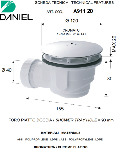 Сифон для душевого поддона Daniel SHOWERS A911 20cr хром - фото 2