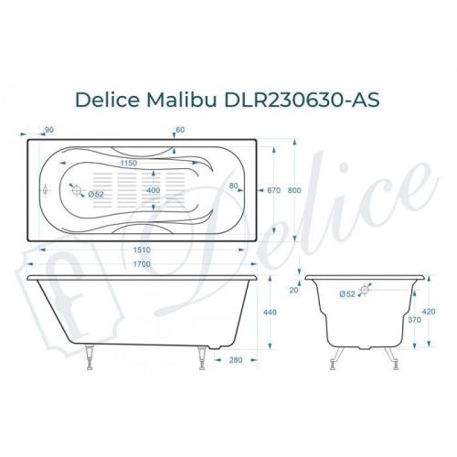 Ванна чугунная Delice Malibu DLR230630-AS 170х80 пристенная прямоугольная без ножек с антискользящим покрытием - фото 2