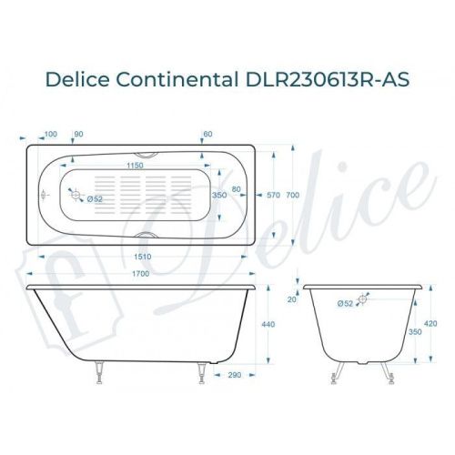 Ванна чугунная Delice Continental DLR230613R-AS 170х70 пристенная прямоугольная без ножек с отверстиями под ручки - фото 2