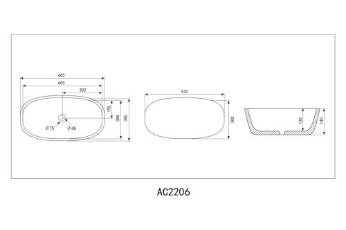 Раковина из сантехнического фаянса Abber RECHTECK AC2206MG 60х40 накладная цвет серый без отверстий под смеситель - фото 4