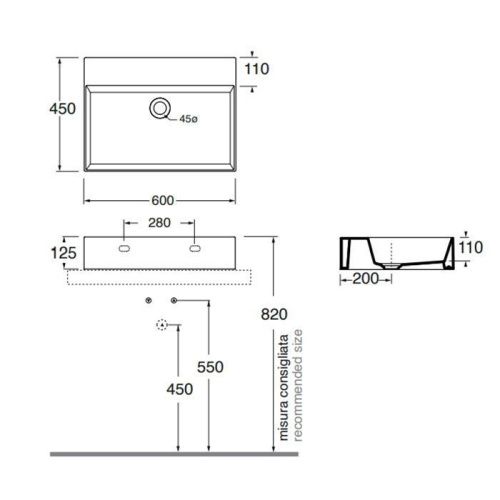 Раковина керамическая Azzurra ELEGANCE ELLP060450Q0TO*0 60 см подвесная цвет бежевый без отверстий под смеситель - фото 2