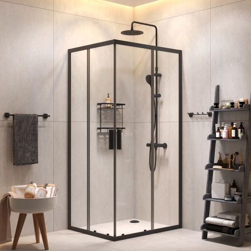 Комплект душевого уголка с душевой системой и аксессуарами Am.Pm Gem S WK93EQ стекло прозрачное профиль черный без поддона